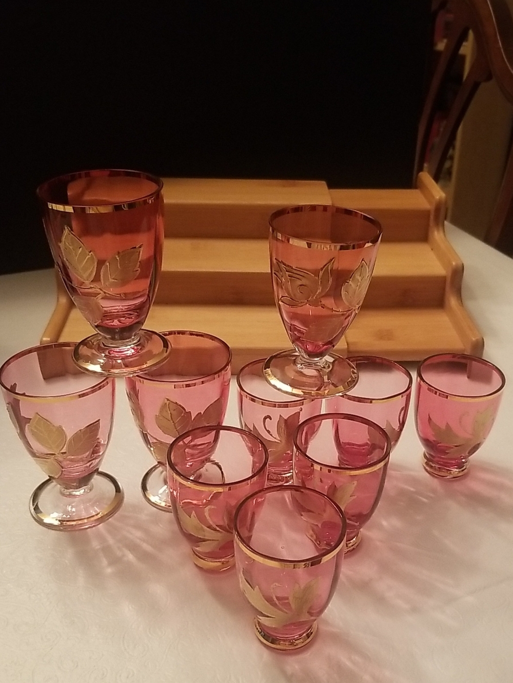 Cranberry Czech Bohemian Cordial Set with Gold Leaf Accents(10)